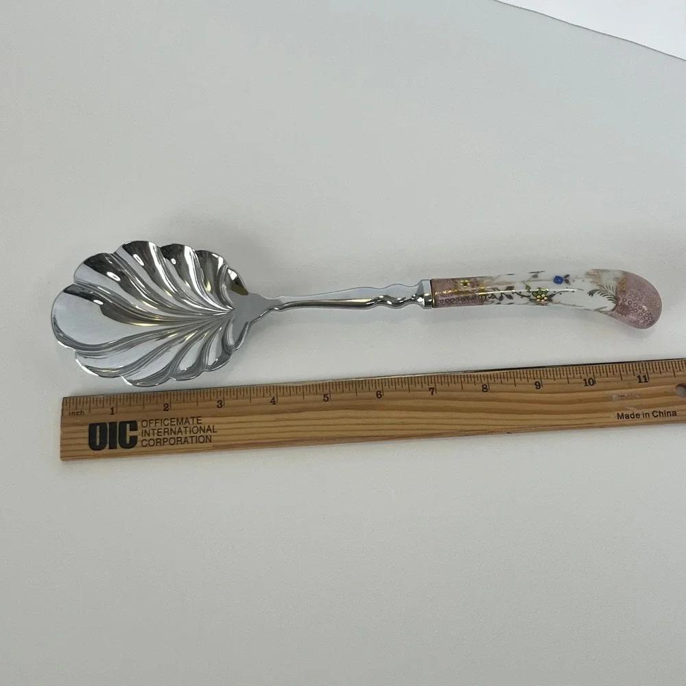 A E Lewis Co Shell Serving Spoon Porcelain Floral Handle Silver Tone Vintage